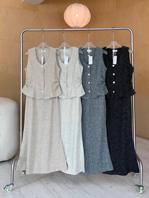 Classy Button Down Peplum Tops With A-Line Skirts Sets